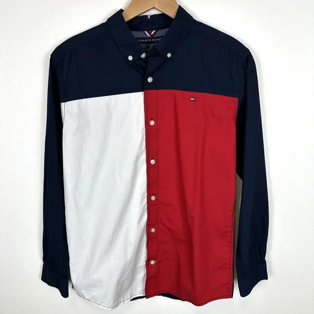 Tommy Hilfiger Boys Long Sleeve Button Up Color Block Flag KIDS SIZE XL
